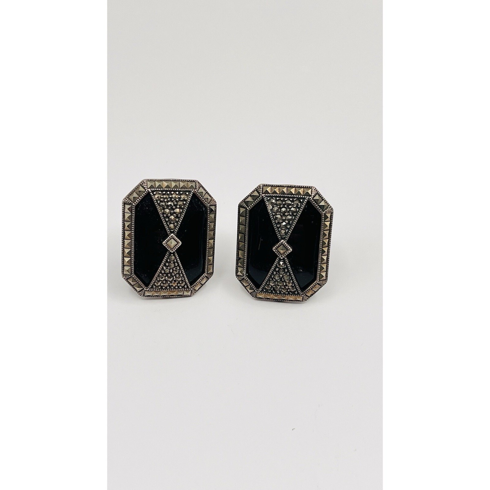 *Judith Jack, Sterling Silver, Marcasite Black Onyx Omega Back Earrings, Large